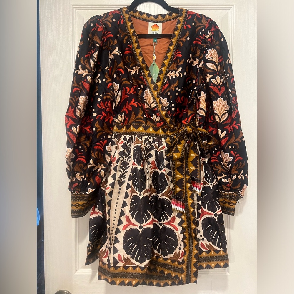 Farm Rio Tapestry Garden V-Neck Belted Mini Dress
